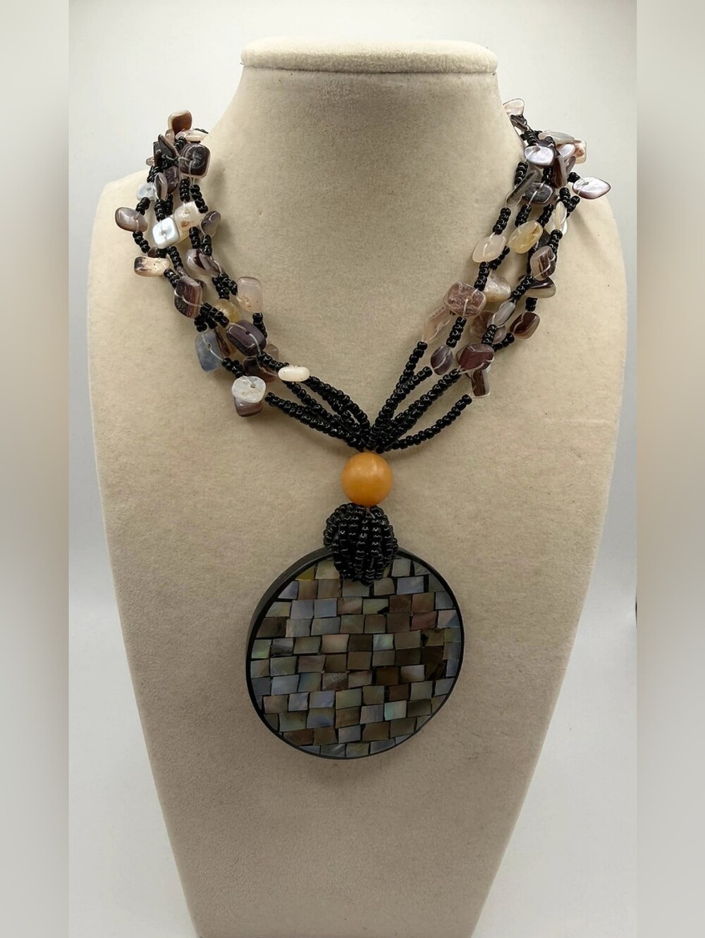 Multi strand Boho Mosaic Mother of Pearl shell necklace, 20" - 24"
